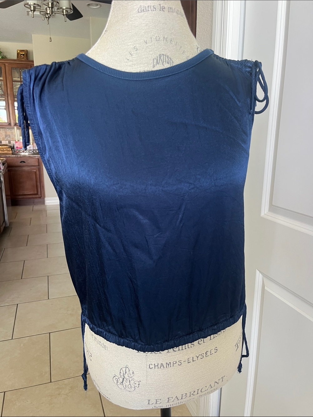 EUC Bobi Los Angeles navy blue satin top round neckline drawstring side hem. S